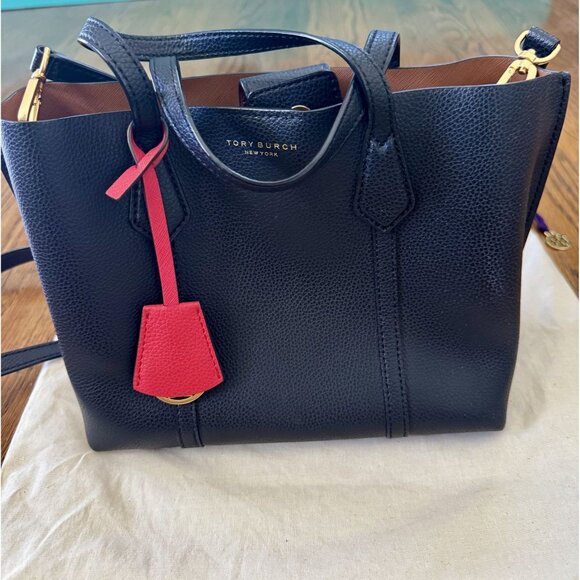 Tory Burch Perry Small Black Leather Tote Bag With Removable Crossbody Strap & D - Picture 1 of 8
